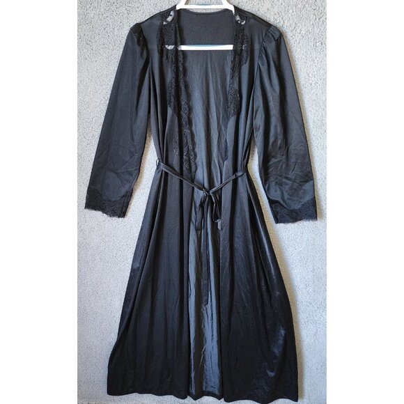 Vtg Olga Women's Long Sleeve Tie Waist Robe Silky Nylon Lace Trim Black 94280 S - Picture 1 of 12